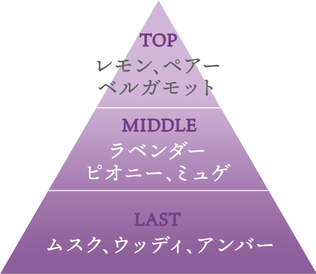 TOP レモン、ペアー ベルガモット MIDDLE ラベンダー
                  ピオニー、ミュゲ LAST ムスク、ウッディ、アンバー