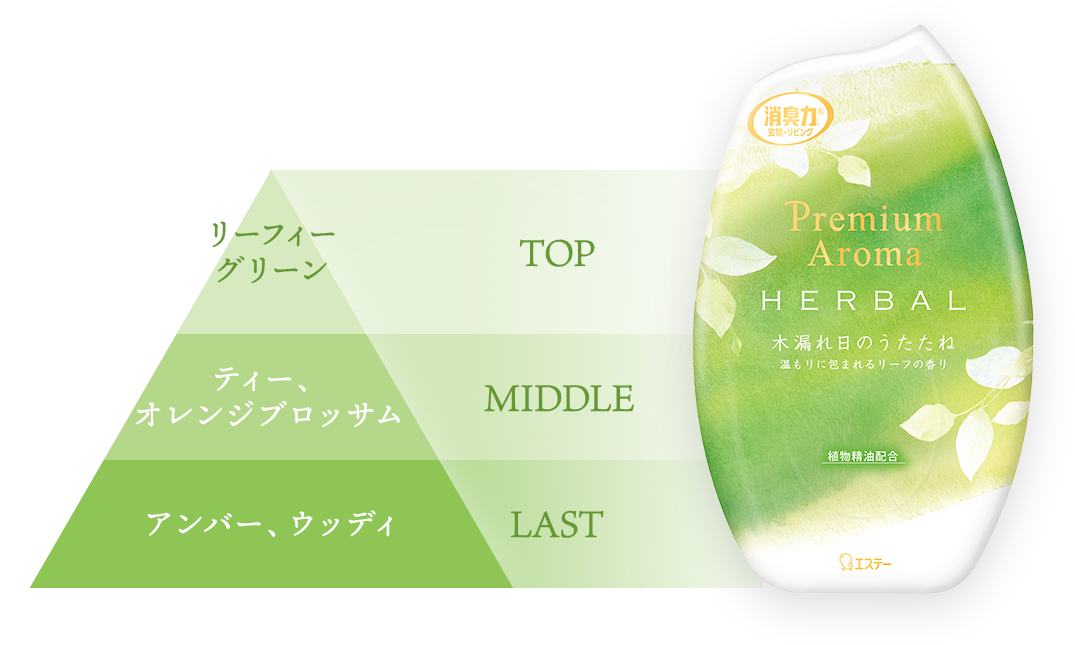 TOP リーフィーグリーン MIDDLE ティー、オレンジブロッサム LAST アンバー、ウッディ